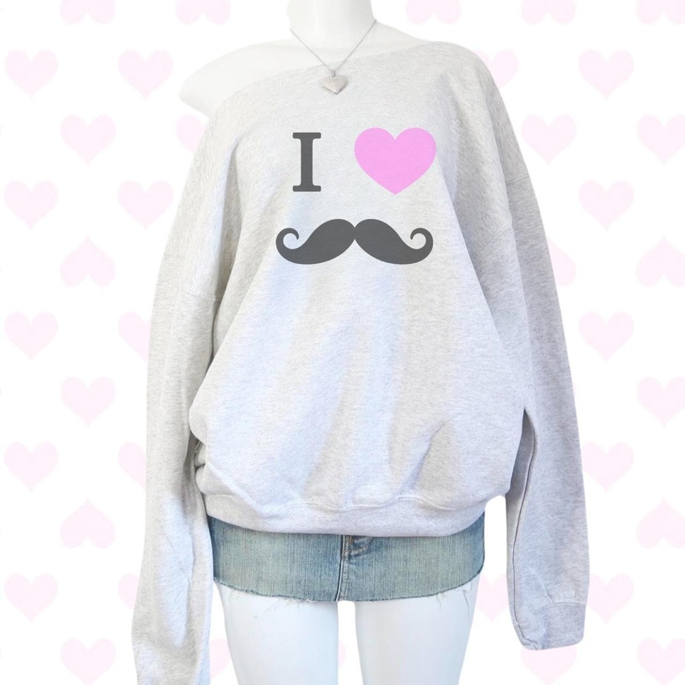 Y2K I Love Mustache Graphic Gray Sweatshirt